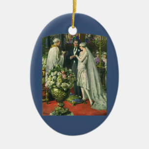 Vintage Wedding, Bride en Groom met Menorah Keramisch Ornament