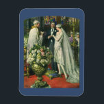 Vintage Wedding, Bride en Groom met Menorah Magneet<br><div class="desc">Vintage illustratie liefde en romance bruiloft ceremonie afbeelding met een paar dat getrouwd is in een mooie synagoge met gekleurde glazen ramen,  bloemen en een zeven tak menorah. De bruid draagt een lange witte trouwjurk en de bruidegom is knap in zijn tuxedo.</div>