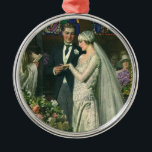 Vintage Wedding, Bride en Groom met Menorah Metalen Ornament<br><div class="desc">Vintage illustratie liefde en romance bruiloft ceremonie afbeelding met een paar dat getrouwd is in een mooie synagoge met gekleurde glazen ramen,  bloemen en een zeven tak menorah. De bruid draagt een lange witte trouwjurk en de bruidegom is knap in zijn tuxedo.</div>
