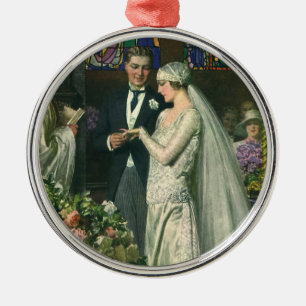 Vintage Wedding, Bride en Groom met Menorah Metalen Ornament