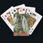 Vintage Wedding, Bride en Groom met Menorah Pokerkaarten<br><div class="desc">Vintage illustratie liefde en romance bruiloft ceremonie afbeelding met een paar dat getrouwd is in een mooie synagoge met gekleurde glazen ramen,  bloemen en een zeven tak menorah. De bruid draagt een lange witte trouwjurk en de bruidegom is knap in zijn tuxedo.</div>