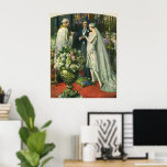 Vintage Wedding, Bride en Groom met Menorah Poster<br><div class="desc">Vintage illustratie liefde en romance bruiloft ceremonie afbeelding met een paar dat getrouwd is in een mooie synagoge met gekleurde glazen ramen,  bloemen en een zeven tak menorah. De bruid draagt een lange witte trouwjurk en de bruidegom is knap in zijn tuxedo.</div>