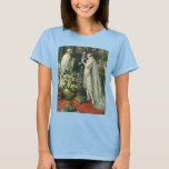 Vintage Wedding, Bride en Groom met Menorah T-shirt<br><div class="desc">Vintage illustratie liefde en romance bruiloft ceremonie afbeelding met een paar dat getrouwd is in een mooie synagoge met gekleurde glazen ramen,  bloemen en een zeven tak menorah. De bruid draagt een lange witte trouwjurk en de bruidegom is knap in zijn tuxedo.</div>