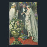 Vintage Wedding, Bride en Groom met Menorah Theedoek<br><div class="desc">Vintage illustratie liefde en romance bruiloft ceremonie afbeelding met een paar dat getrouwd is in een mooie synagoge met gekleurde glazen ramen,  bloemen en een zeven tak menorah. De bruid draagt een lange witte trouwjurk en de bruidegom is knap in zijn tuxedo.</div>