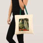 Vintage Wedding, Bride en Groom met Menorah Tote Bag<br><div class="desc">Vintage illustratie liefde en romance bruiloft ceremonie afbeelding met een paar dat getrouwd is in een mooie synagoge met gekleurde glazen ramen,  bloemen en een zeven tak menorah. De bruid draagt een lange witte trouwjurk en de bruidegom is knap in zijn tuxedo.</div>