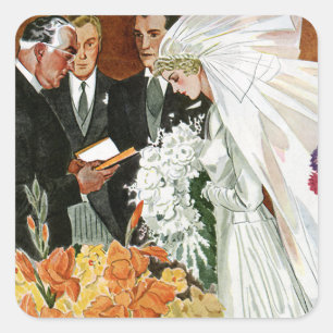 Vintage Wedding Ceremonie, Bride Groom Passen getr Vierkante Sticker