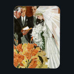 Vintage Wedding Ceremonie met Bride en Groom Magneet<br><div class="desc">illustratie liefde en romance design met een bruid en bruom die trouwen. Een ambtenaar of priester voert de trouwceremonie uit. Er zijn veel bloemetjes om hen heen en de bruid houdt een grote mooie bouquet van witte bloemen vast.</div>