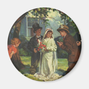 Vintage Wedding, Children Pretend Bride en Groom Magneet