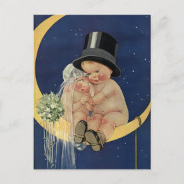 Vintage Wedding, Cute Bride en Groom on a Moon Briefkaart