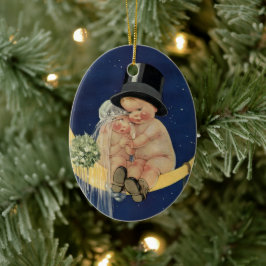 Vintage Wedding, Cute Bride en Groom on a Moon Keramisch Ornament