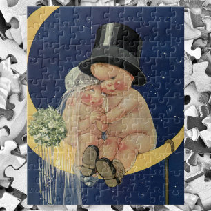 Vintage Wedding, Cute Bride en Groom on a Moon Legpuzzel