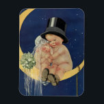 Vintage Wedding, Cute Bride en Groom on a Moon Magneet<br><div class="desc">illustratie liefde en romance bruiloft afbeelding met een schattig baby dat op een halve maan in de nachtelijke hemel zit met jumelende sterren. De bruid heeft een pure sluier en een bruinkoolbloem en de bruidegom heeft een tophoed.</div>