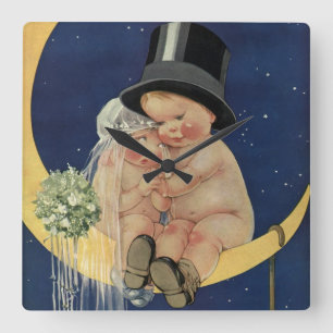 Vintage Wedding, Cute Bride en Groom on a Moon Vierkante Klok