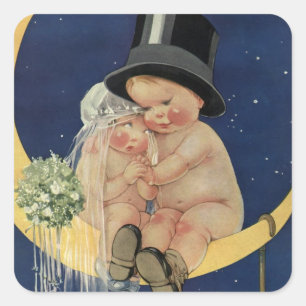 Vintage Wedding, Cute Bride en Groom on a Moon Vierkante Sticker
