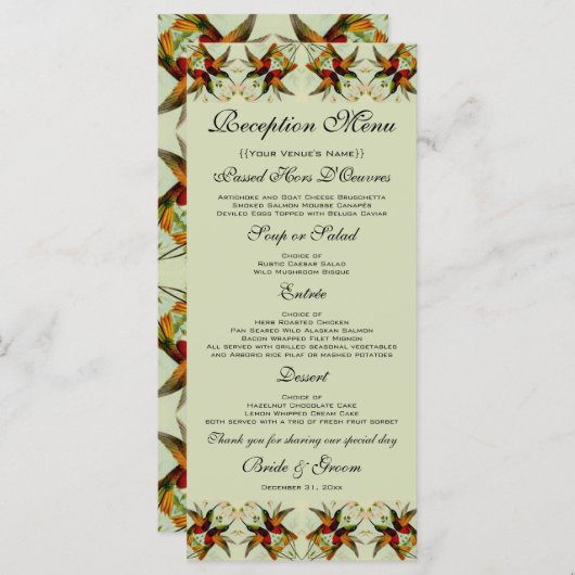 Vintage Wedding, Hummingvogels en bloemen Menu (Voorkant / Achterkant)