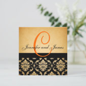 Vintage Wedding Invitation Oranje Monogram Damask Kaart (Staand voorkant)