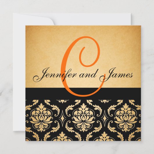 Vintage Wedding Invitation Oranje Monogram Damask Kaart (Voorkant)