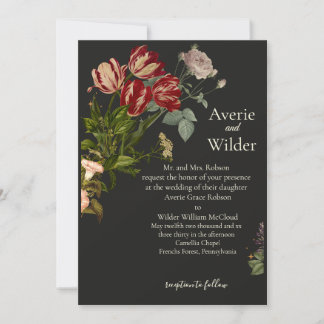 Vintage wedding invitation with a dark floral patt kaart