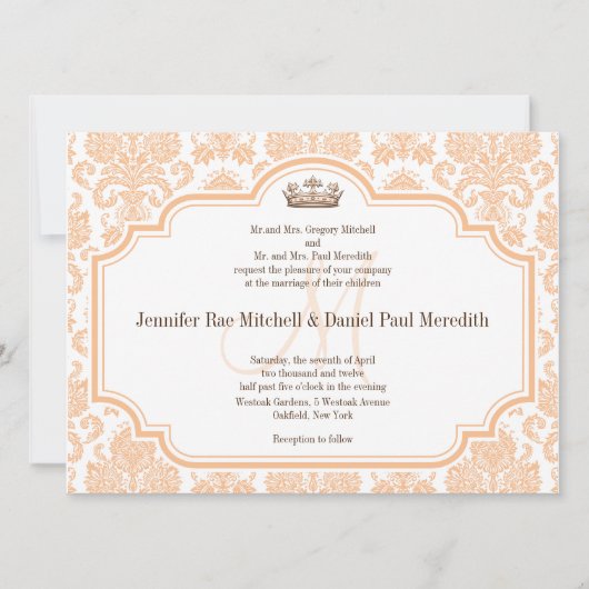 Vintage Wedding Invitting Peach Damask Kaart (Voorkant)