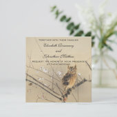 Vintage Wedding, Japans Owl en plum Tree Kaart (Staand voorkant)