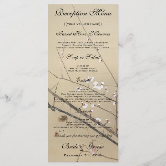 Vintage Wedding, Japans Owl en plum Tree Menu (Voorkant)