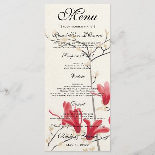 Vintage Wedding, Japanse roze Magnolia-boom Menu (Voorkant)