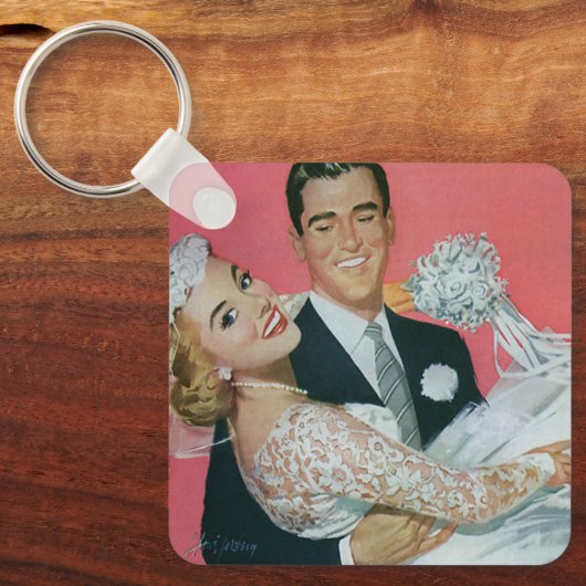 Vintage Wedding Passen getrouwd, bruinkoolbride Sleutelhanger (Voorkant)