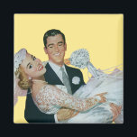 Vintage Wedding Passen getrouwd, Happy Bride en Gr Magneet<br><div class="desc">Een retro 50s kitsch design for a fun refrigerator magnet! To change the background color add some custom text just click the "customize it" button to access the design tools. Vintage illustration love and romance wedding image featuring a handsome groom carrying his beautiful newlywed bride.</div>