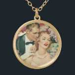 Vintage Wedding Portrait, Retro Bride en Groom Goud Vergulden Ketting<br><div class="desc">illustratie liefde en romance bruiloft afbeelding met een floreel portret met een bruid in haar trouwjurk en de bruidegom in zijn tuxedo omringd door roze en witte bloemen.</div>
