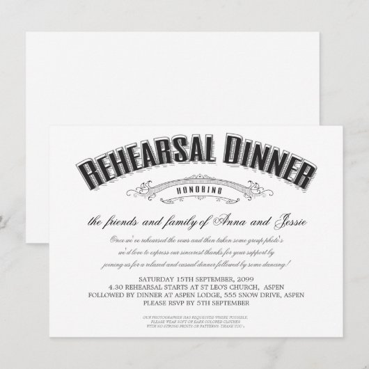 Vintage Wedding Rehearsal Dinner Invite Kaart (Voorkant / Achterkant)