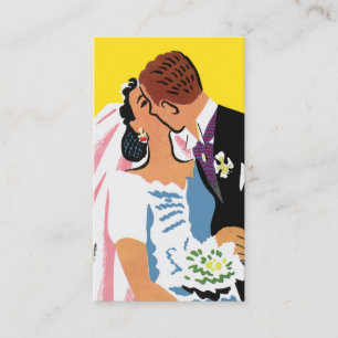 Vintage Wedding, Retro Bride en Groom Kissing Informatiekaartje