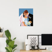 Vintage Wedding, Retro Bride en Groom Kissing Poster (Thuiskantoor)