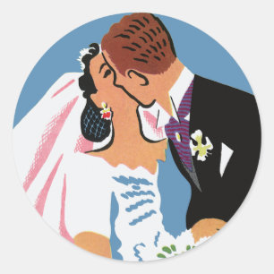 Vintage Wedding, Retro Bride en Groom Kissing Ronde Sticker