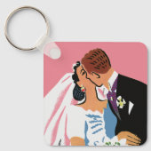 Vintage Wedding, Retro Bride en Groom Kissing Sleutelhanger (Voorkant)