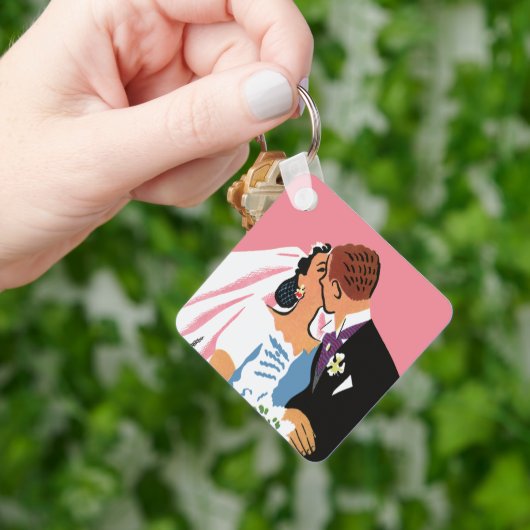 Vintage Wedding, Retro Bride en Groom Kissing Sleutelhanger (Hand)