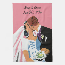 Vintage Wedding, Retro Bride en Groom Kissing Theedoek