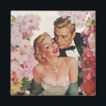 Vintage Wedding, Retro Bride en Groom Passen getro Magneet<br><div class="desc">illustratie liefde en romance ontwerp met een bruid in haar trouwjurk en de bruidegom in zijn tuxedo. Het gelukkige pasgetrouwde stel wordt omringd door mooie roze en witte bloemen voor de bloementuin.</div>