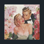 Vintage Wedding, Retro Bride en Groom Passen getro Magneet<br><div class="desc">illustratie liefde en romance ontwerp met een bruid in haar trouwjurk en de bruidegom in zijn tuxedo. Het gelukkige pasgetrouwde stel wordt omringd door mooie roze en witte bloemen voor de bloementuin.</div>