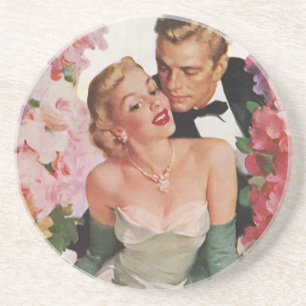 Vintage Wedding, Retro Bride en Groom Passen getro Zandsteen Onderzetter