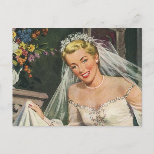 Vintage Wedding, Retro Bride met Bloemenmeisje Briefkaart (Voorkant)