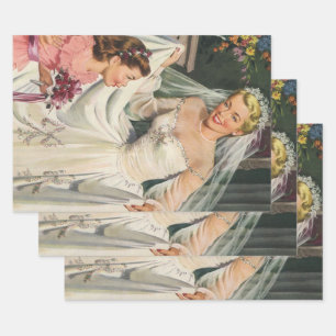 Vintage Wedding, Retro Bride met Bloemenmeisje Inpakpapier Vel