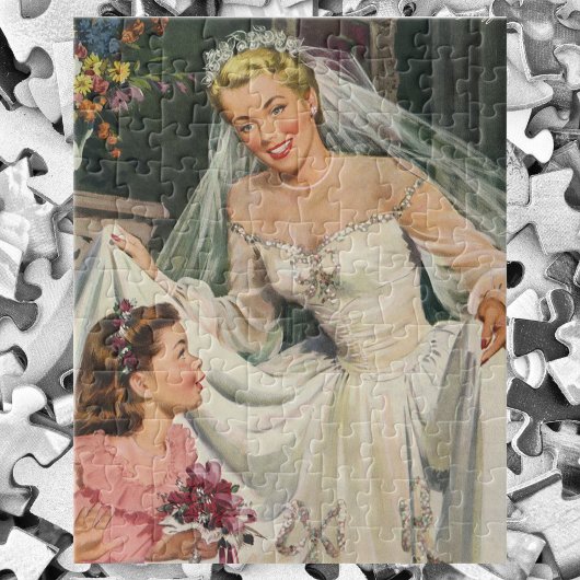 Vintage Wedding, Retro Bride met Bloemenmeisje Legpuzzel