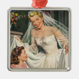 Vintage Wedding, Retro Bride met Bloemenmeisje Metalen Ornament