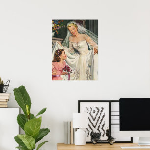 Vintage Wedding, Retro Bride met Bloemenmeisje Poster