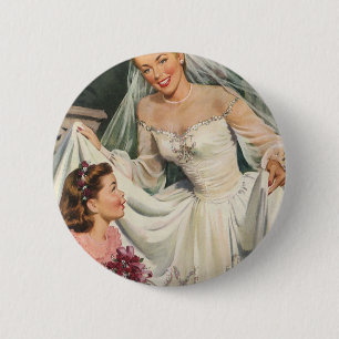 Vintage Wedding, Retro Bride met Bloemenmeisje Ronde Button 5,7 Cm