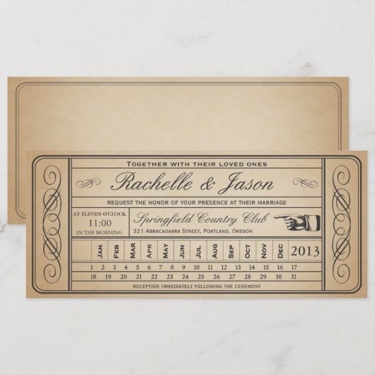 Vintage Wedding Ticket II Punchout Kaart (Voorkant / Achterkant)