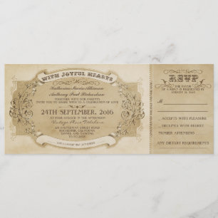VINTAGE WEDDING TICKET INVITATIE MET RSVP KAART