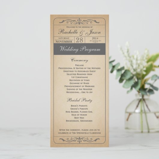 Vintage Wedding Ticket Programma Programmakaart (Staand voorkant)