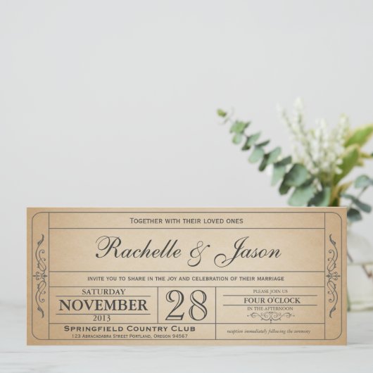Vintage Wedding Ticket Uitnodiging (Staand voorkant)