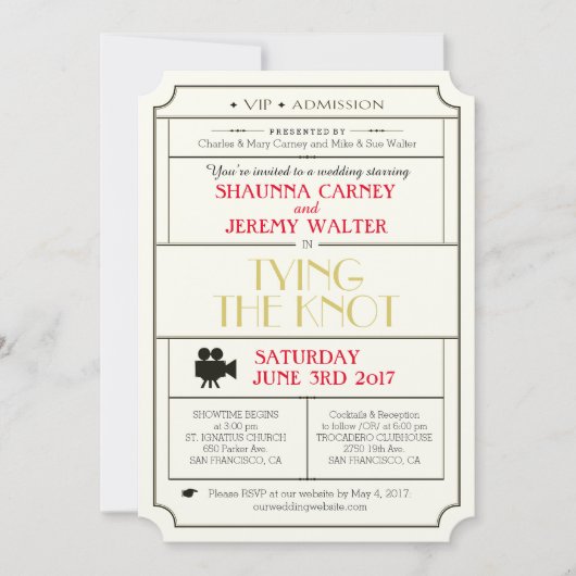 Vintage Wedding Ticket Uitnodiging/Filmthema Kaart (Voorkant)